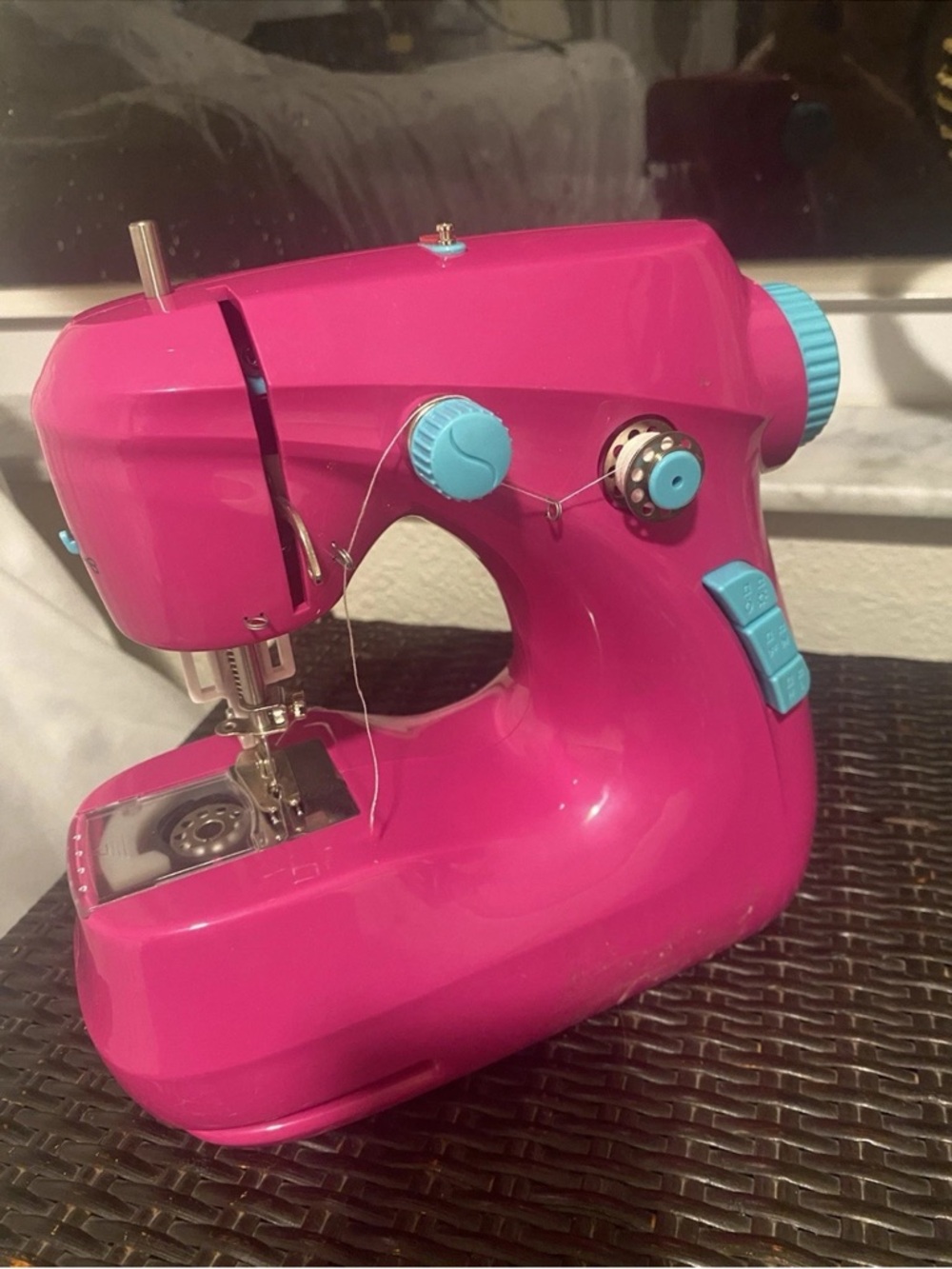 Hot Pink Mini Sewing Machine with Teal Accents